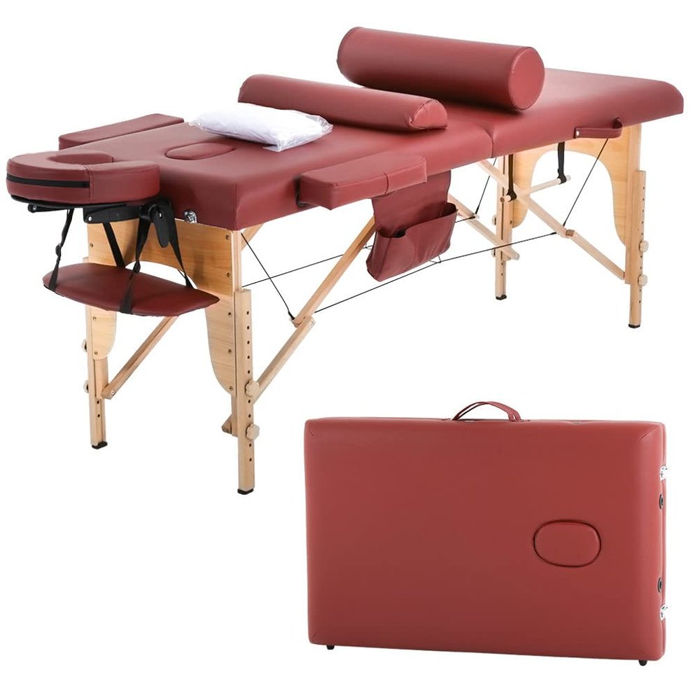 Haiput Wam Portable Massage Table Folding with Free Accessories, Wooden/Aluminum 84" Bed 2" Cushion 2/3 Section Massage Spa Bed,Height-Adjustable Salon Bed (Beech Sheet,Burgundy 2 Section)