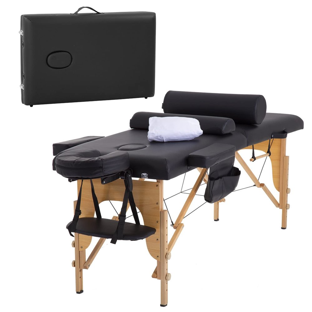 Haiput Wam Portable Massage Table Folding with Free Accessories, Wooden/Aluminum 84" Bed 2" Cushion 2/3 Section Massage Spa Bed,Height-Adjustable Salon Bed (Beech Sheet, Black 2 Section)