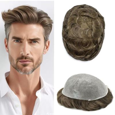 Ultra Thin Skin Mens Toupee Human Hairpiece 0.06MM All V-Looped PU Toupee for Men Hair Replacement System Natural Hairline Man Wigs Units 8"X10" #620 Light Brown with 20% Gray