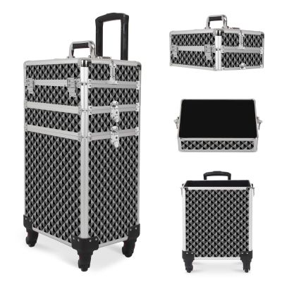 CAMORSA 3 In 1 Professional Rolling Makeup Train Case, Cosmetic Trolley Beauty Organizer Large Capacity with Keys, Makeup Train Case with Wheels Black