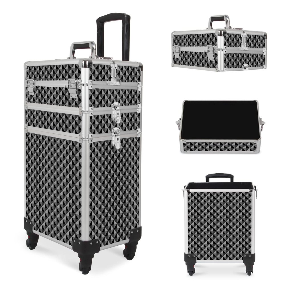 CAMORSA 3 In 1 Professional Rolling Makeup Train Case, Cosmetic Trolley Beauty Organizer Large Capacity with Keys, Makeup Train Case with Wheels Black