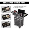CAMORSA 3 In 1 Professional Rolling Makeup Train Case, Cosmetic Trolley Beauty Organizer Large Capacity with Keys, Makeup Train Case with Wheels Black view 3
