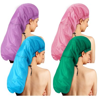 Eurzom 4 Pcs Large Shower Cap for Braids Extra Long Shower Cap for Women Long Hair Locs Foldable Waterproof Reusable XL Hair Bonnets for Dreadlocks Drawstring Bath Caps(Pink, Blue, Green, Purple)