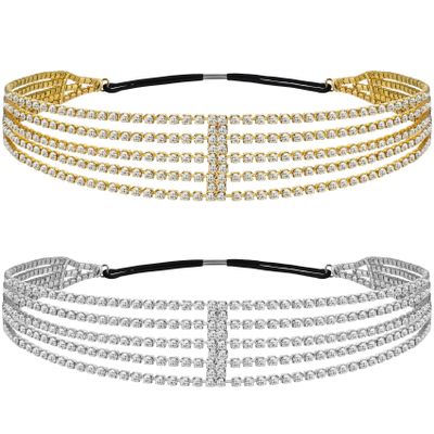 ANCIRS 2 Pack Multi Layered Elastic Headband for Women, Adjustable Rhinestone Bridal Headpieces, Stretchy Jewelry Hair Bands Accessories for Girls- Gold & Silver