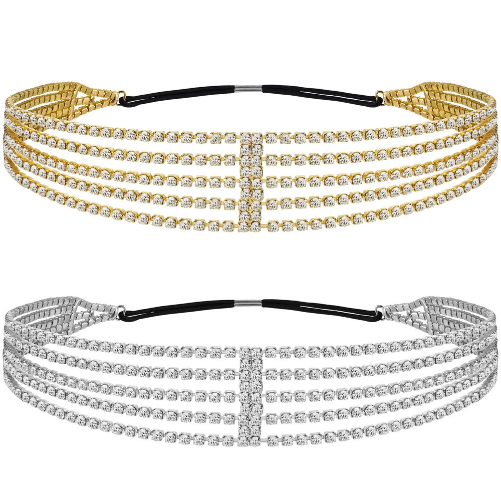 ANCIRS 2 Pack Multi Layered Elastic Headband for Women, Adjustable Rhinestone Bridal Headpieces, Stretchy Jewelry Hair Bands Accessories for Girls- Gold & Silver