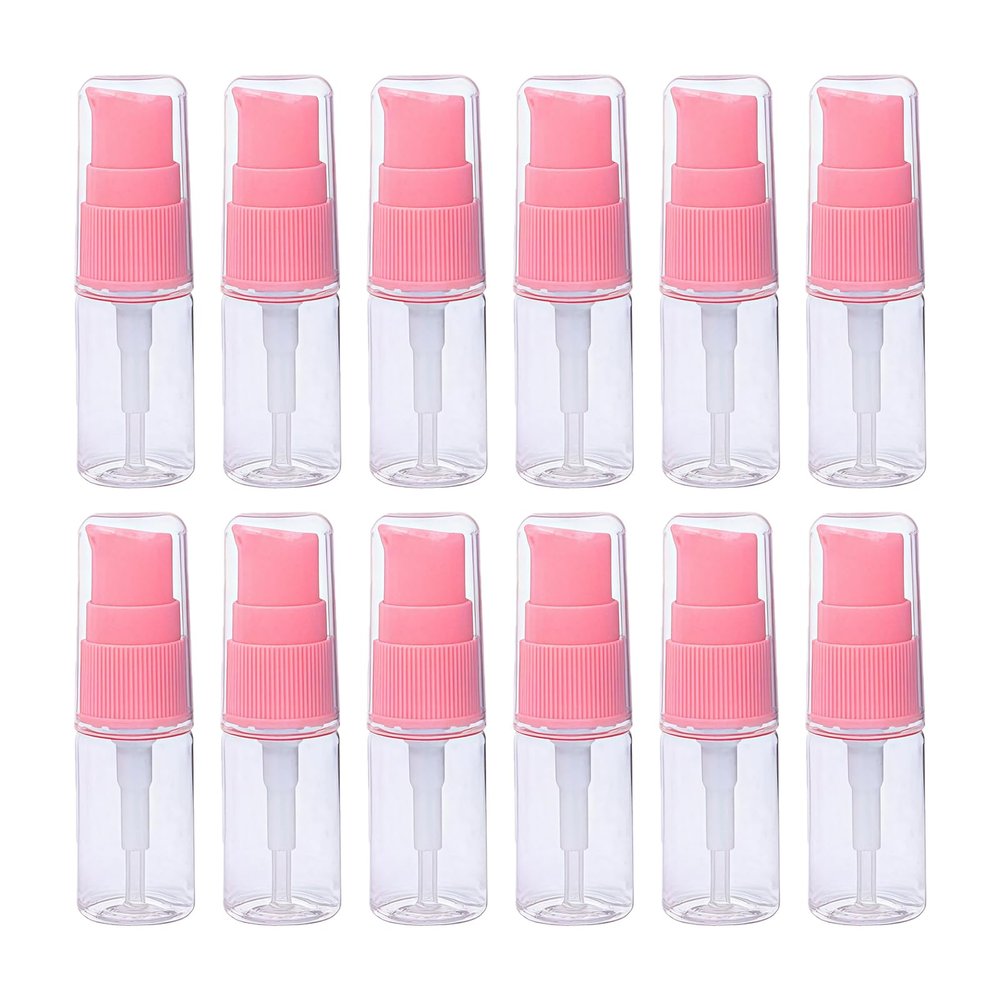 12Pcs 10ml/0.34oz Clear Lotion Pump Bottle with Pink Press Pump Head Empty Refillable Travel Bottles Toiletries Liquid Container Vials for Cosmetic Makeup Shampoo Shower Gel