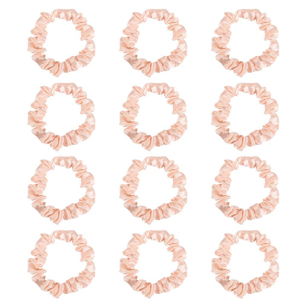 12Pcs Satin Hair Ties, Blush Silk Hair Scrunchies Skinny Hair Ties Ponytail Holder Pink Accessories Gift for Women Girls