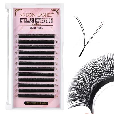 Arison Lashes YY Eyelash Extension Y Lashes D Curl Mix Tray Premade Fans Volume Y Shape Faux Mink Matte 12 rows Cluster pre Fanned Soft Eye Lashes(YY-0.07-D-14mm)