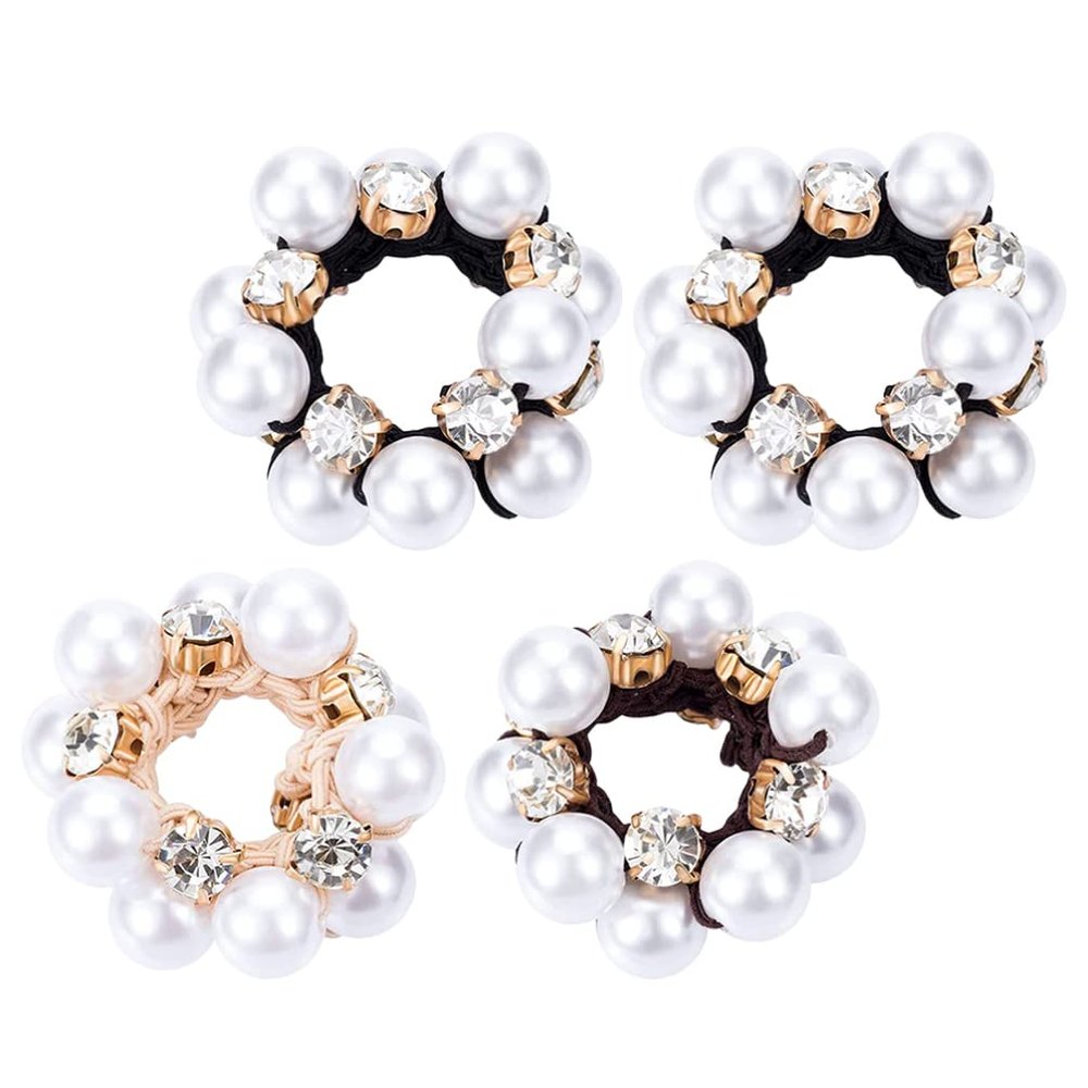 LALAFINA 4pcs Pearl Rhinestones Hair Ties Elastic Ponytail Holders Hairband Clips Hair Accessories for Girls Parties and Daily Life