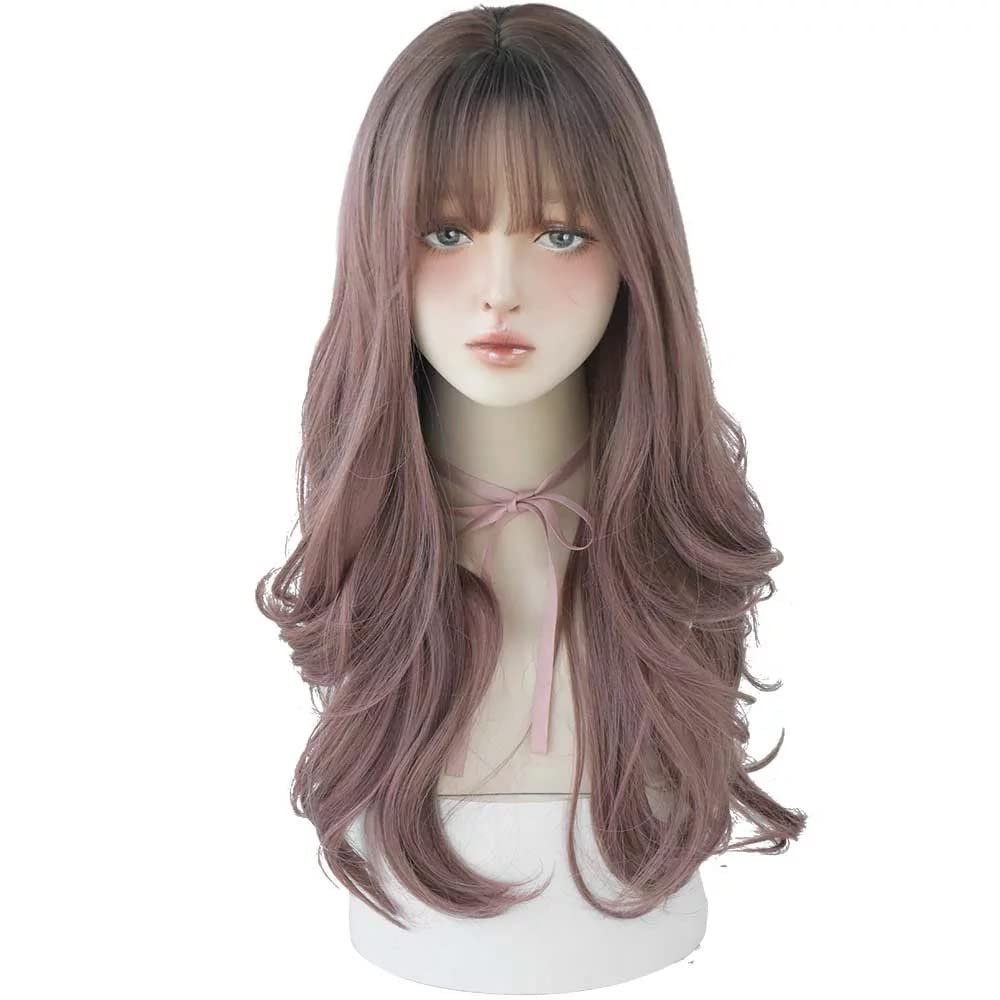 AIKO PRO Chic Korean Fashion 26 Inch Long Wavy Curly Wig, Natural Heat-Resistant Synthetic Hair Wigs with Bands For Cosplay and Daily Wear (Pink Brown)