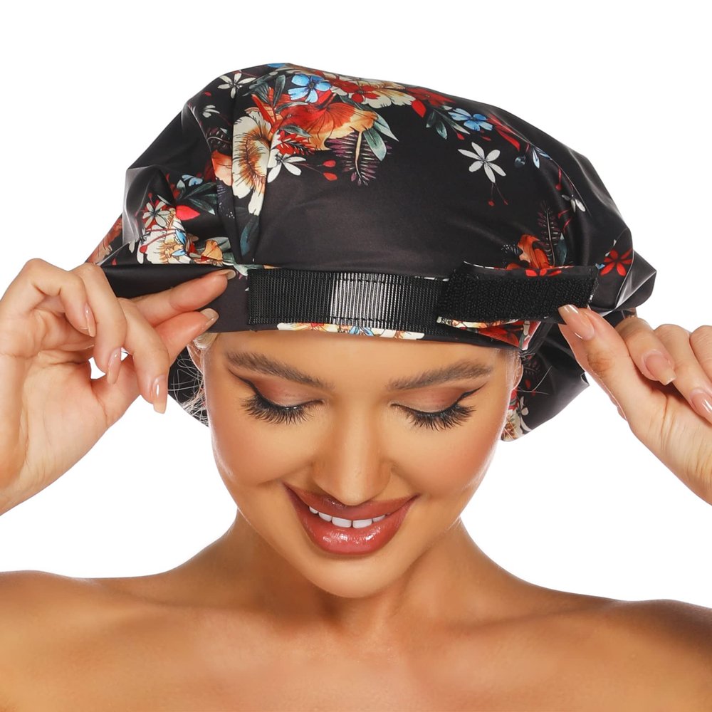 HIUMI Womens Shower Cap for Long Hair Luxury Shower Cap For Dreadlocks, Braids, Curls, Locs, Curly HairMother's Day Gift Black