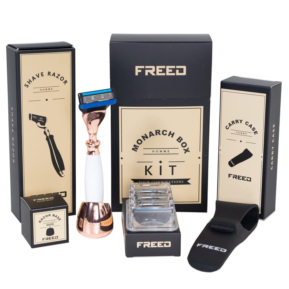 Rose Gold Monarch 4-Piece 5-Blade Razor Shaving Set Men's Safety Razor Grooming Gift Set with Alloy material handle Shaving for Gentleman,Best Father's Day Gift from Taiwan