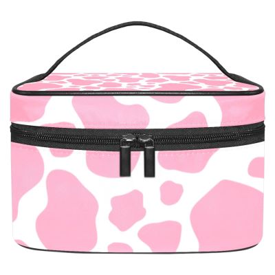 ALIREA LORVIES Cow Skin Print Pink Cosmetic Bag Canvas Travel Toiletry Bag Top Handle Single Layer Makeup Bag Organizer Multi-function Cosmetic Case for Women