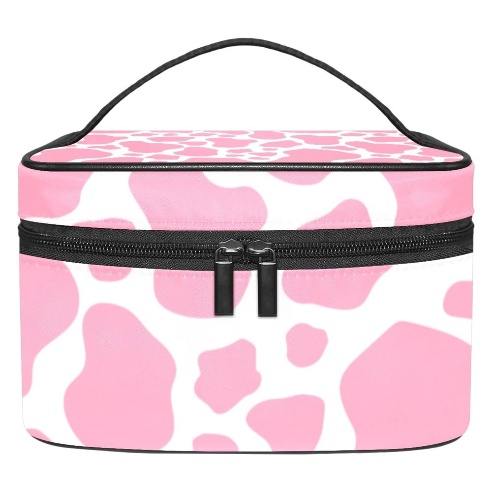 ALIREA LORVIES Cow Skin Print Pink Cosmetic Bag Canvas Travel Toiletry Bag Top Handle Single Layer Makeup Bag Organizer Multi-function Cosmetic Case for Women