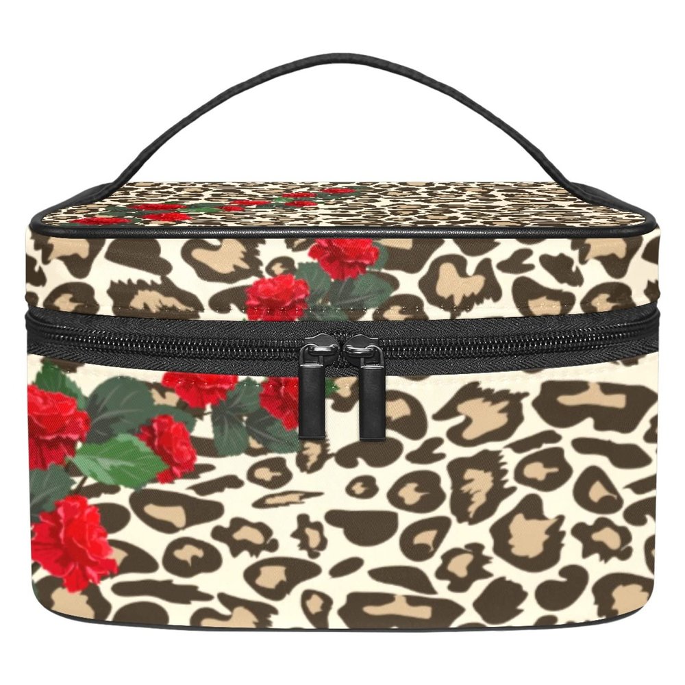 ALIREA LORVIES Leopard Print and Red Roses Cosmetic Bag Canvas Travel Toiletry Bag Top Handle Single Layer Makeup Bag Organizer Multi-function Cosmetic Case for Women
