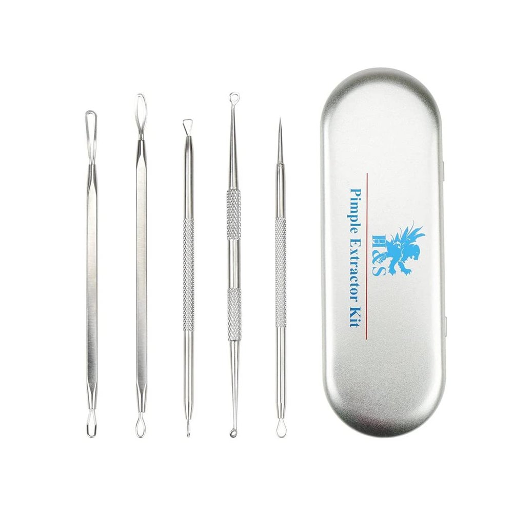 MUJGAN | Blackhead Remover Set Made of Stainless Steel 5 Piece Set Comedone Extractor for Clear Skin | Pimple Remover Tool | Silver Case