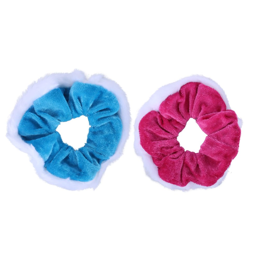 Velvet & Fur Hair Scrunchies for Women and Girls Set of 2 Pink and Blue