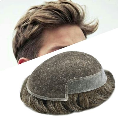 FACE MIRACLE Toupee for Men French Lace Mens Toupee Human Hair Replacement System Bleached Knots Hairpiece Skin PU Mens Wig Hair Prosthesis #630 6# LIGHT BROWN WITH 30% SYNTHETIC GREY