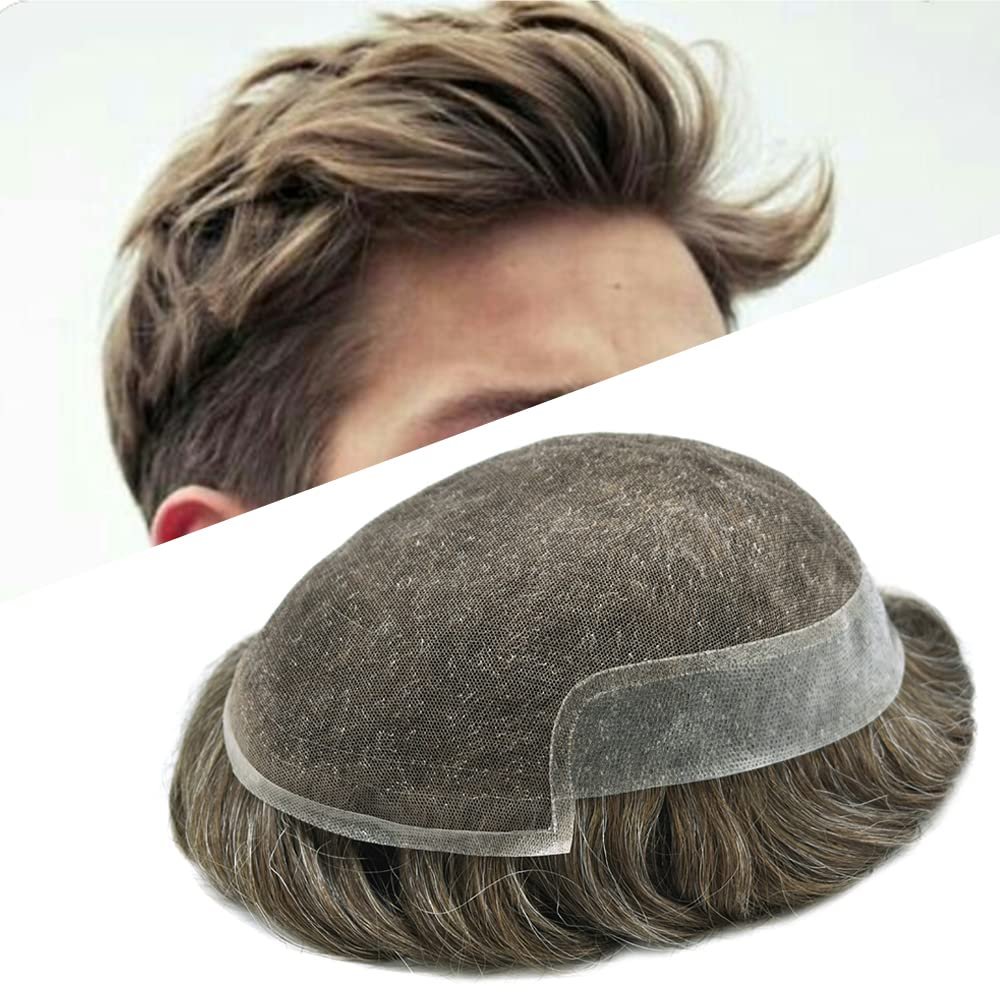 FACE MIRACLE Toupee for Men French Lace Mens Toupee Human Hair Replacement System Bleached Knots Hairpiece Skin PU Mens Wig Hair Prosthesis #630 6# LIGHT BROWN WITH 30% SYNTHETIC GREY