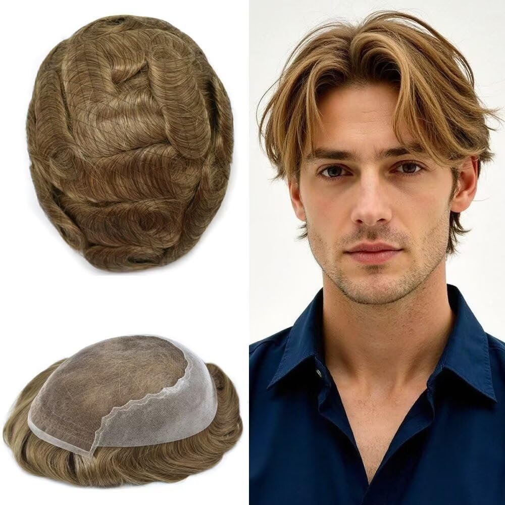 FACE MIRACLE Toupee for Men French Lace Front Mens Toupee Human Hair Replacement Systems Bleached Knots Men Hairpieces Hair Units for Man 8X10" #1710 Dark Ash Blonde with 10% Gray