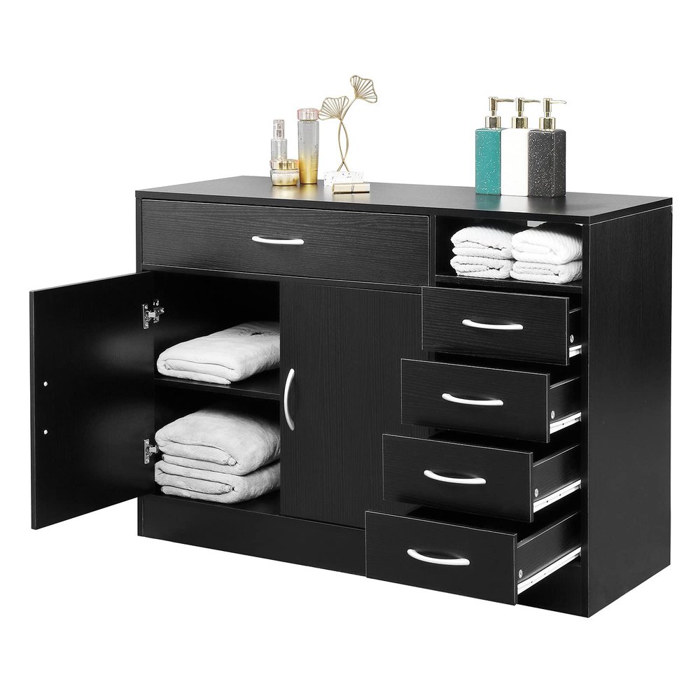 SSLine Hair Beauty Salon Spa Equipment Set Hair Styling Barber Station,Bathroom Floor Cabinet Rectangular 7 Compartments 5 Drawers 1 Door Hair Salon Cabinet