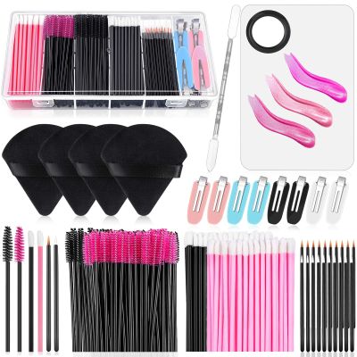 Disposable Makeup Applicators Kit with Triangle Puff Mixing Palette, Artist Supplies Disposable Mascara Wands, Lip Brushes, Hair Clips Powder Puffs for Face with Storage Box