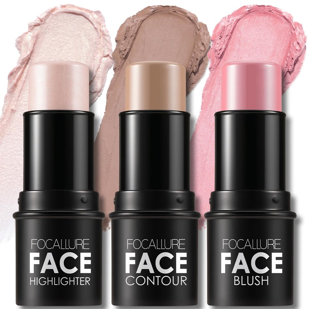FOCALLURE 3 Pcs Cream Contour Sticks,Shades with Highlighter & Bronzer & Blush,Non-greasy Long-wear Face Contouring Pen,Easy to Sculpt the Face and Create a Lightweight Finishing Makeup,FAIR