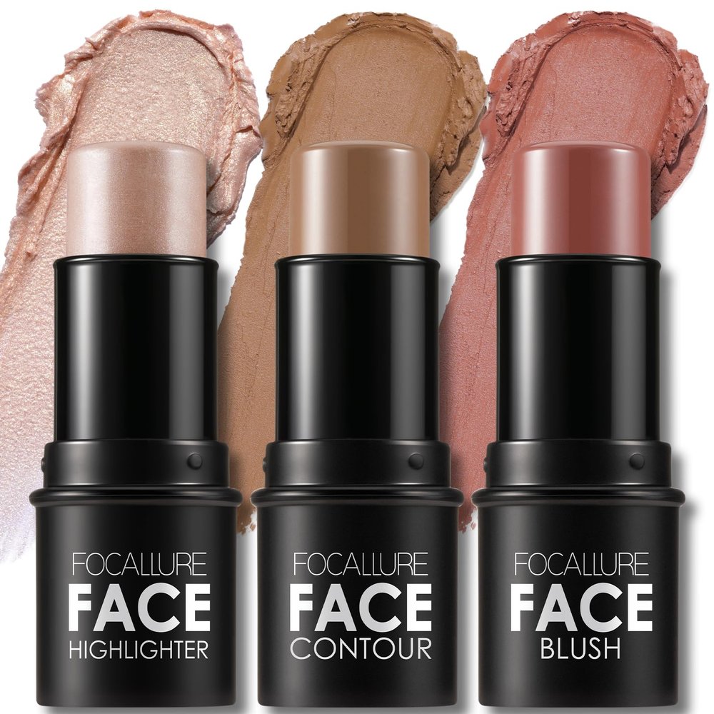 FOCALLURE 3 Pcs Cream Contour Sticks,Shades with Highlighter & Bronzer & Blush,Non-greasy Long-wear Face Contouring Pen,Easy to Sculpt the Face and Create a Lightweight Finishing Makeup,MEDIUM