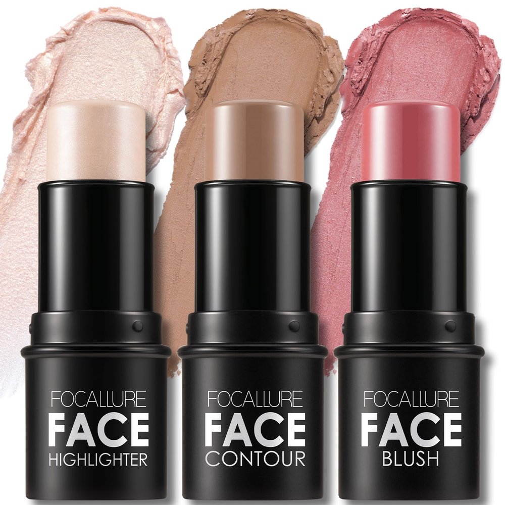 FOCALLURE 3 Pcs Cream Contour Sticks,Shades with Highlighter & Bronzer & Blush,Non-greasy Long-wear Face Contouring Pen,Easy to Sculpt the Face and Create a Lightweight Finishing Makeup,LIGHT-MEDIUM