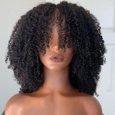 200 Density Afro Kinky Curly Scalp Base Top Full Machine Made Wig With Bangs Virgin Brazilian Short Kinky Curly Human Hair Wigs Natural Color 16 Inch
