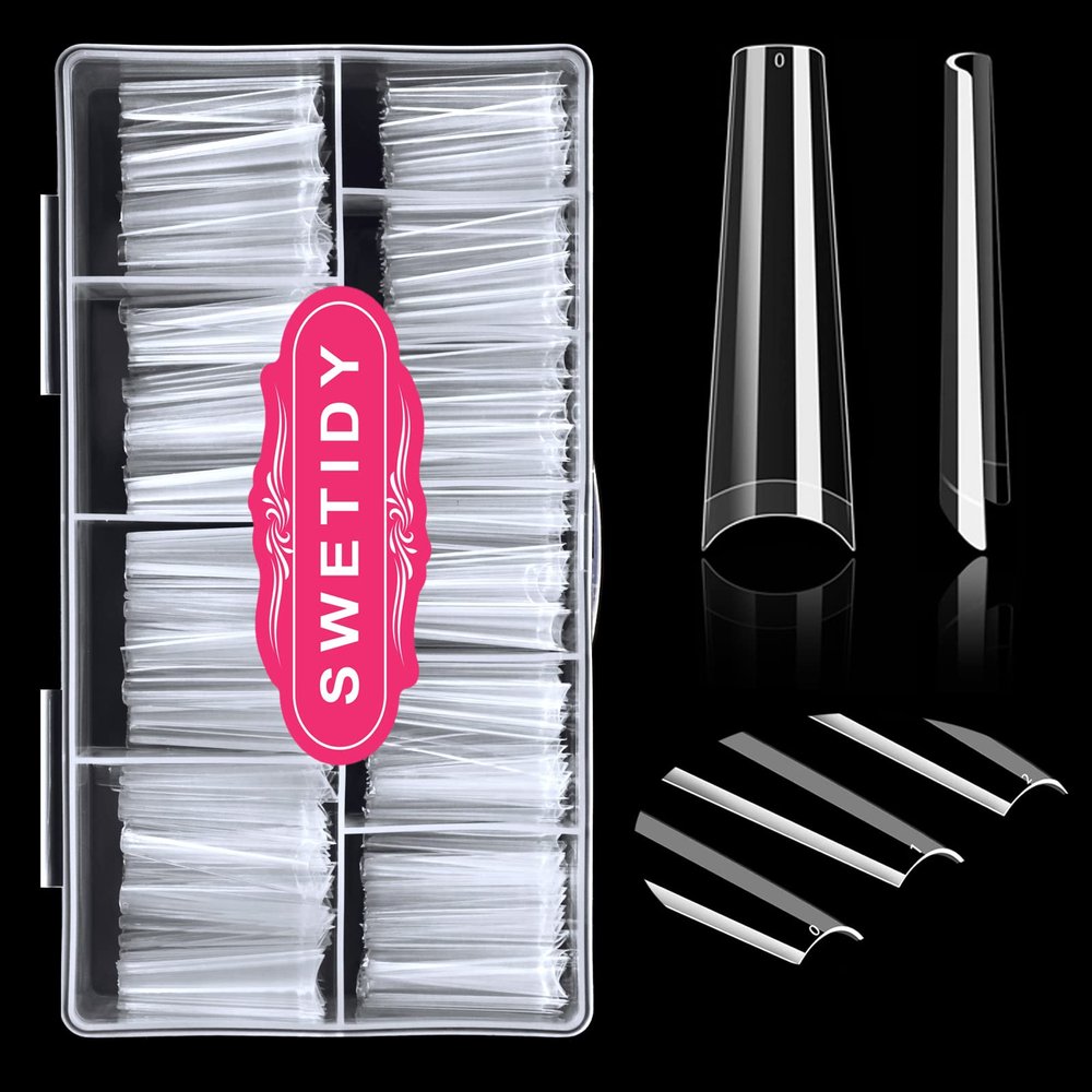 500Pcs XXL No C Curve Coffin Tips for Acrylic Nails Professional Set, Clear Half Cover Long Fake Nails, Ballerina Shaped French Tips for Salon and DIY Art 10 Sizes
