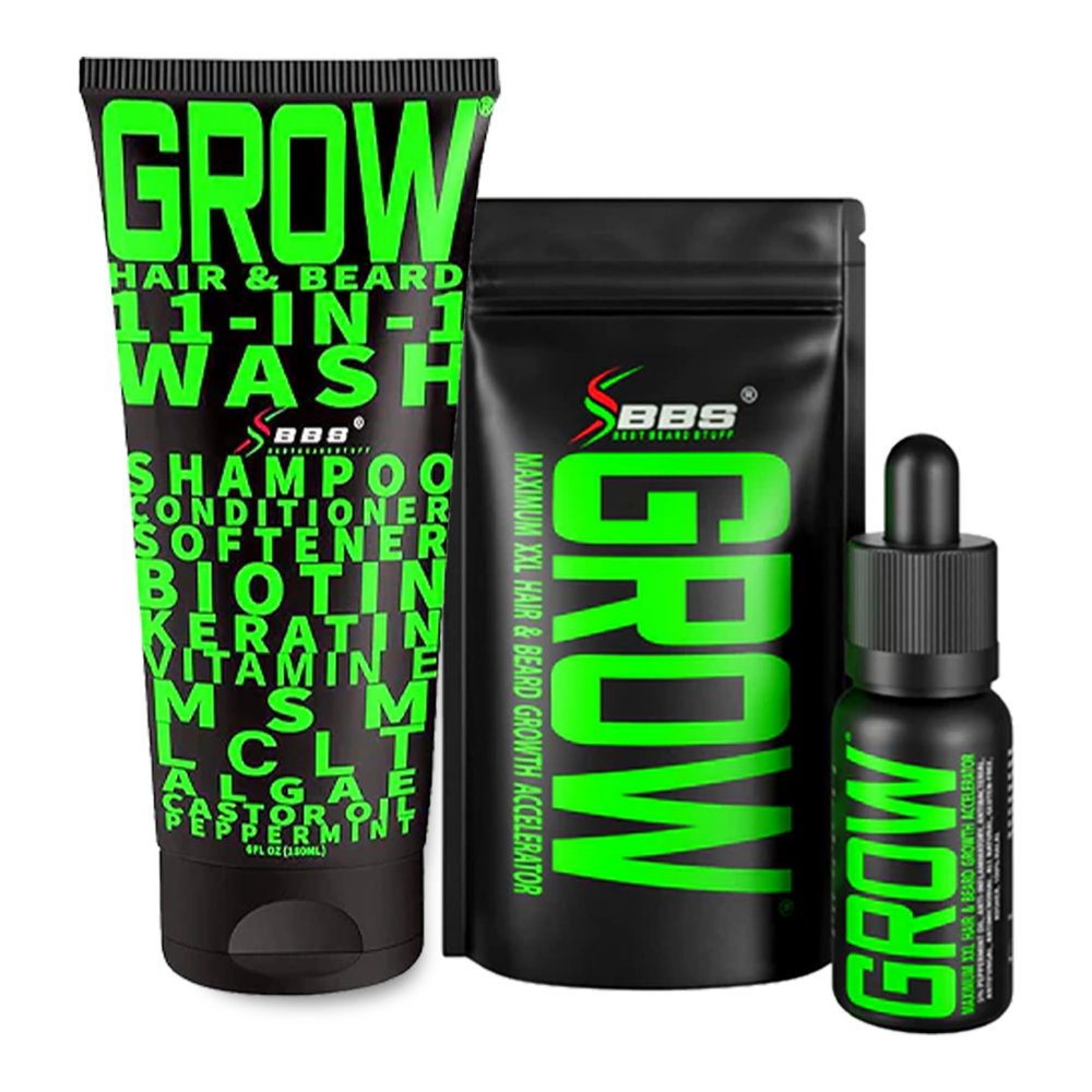 Beard Growth Kit w/GROW XXL Beard Oil for Men/Conditioner & Accelerator for Facial Hair + GROW 11-in-1 Mens Shampoo & Conditioner (Hair Growth Shampoo for Men w/Biotin) - Formulated in America