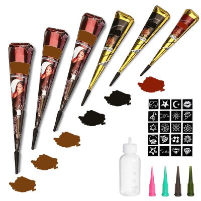 Temporary Tattoos Kit, 6Pcs Semi Permanent Tattoo Paste Cones, India Body DIY Art Painting for Women Men Teens,Summer Trend Freehand Plaste with 3 Colors,20Pcs Adhesive Stencil,1Pc Bottle,4Pcs Nozzles