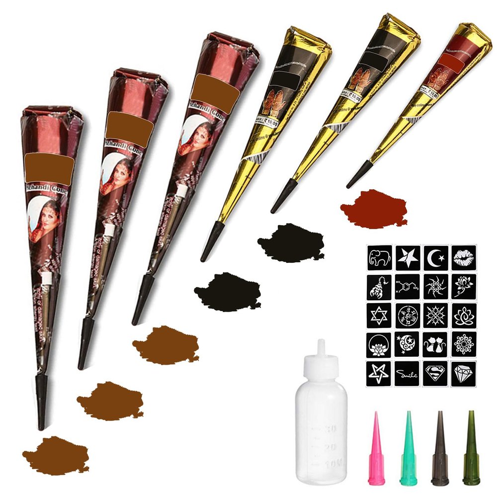 Temporary Tattoos Kit, 6Pcs Semi Permanent Tattoo Paste Cones, India Body DIY Art Painting for Women Men Teens,Summer Trend Freehand Plaste with 3 Colors,20Pcs Adhesive Stencil,1Pc Bottle,4Pcs Nozzles