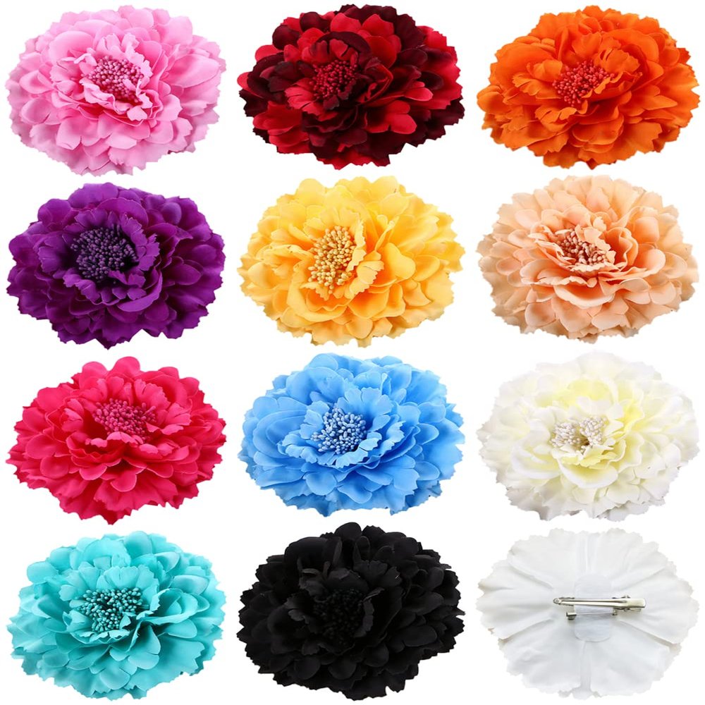 Amuhou Womens Rose Flower Hair Clip Flower Brooch for Bridal Headpiece,Flamenco Dancer (Peony 12 Pcs)