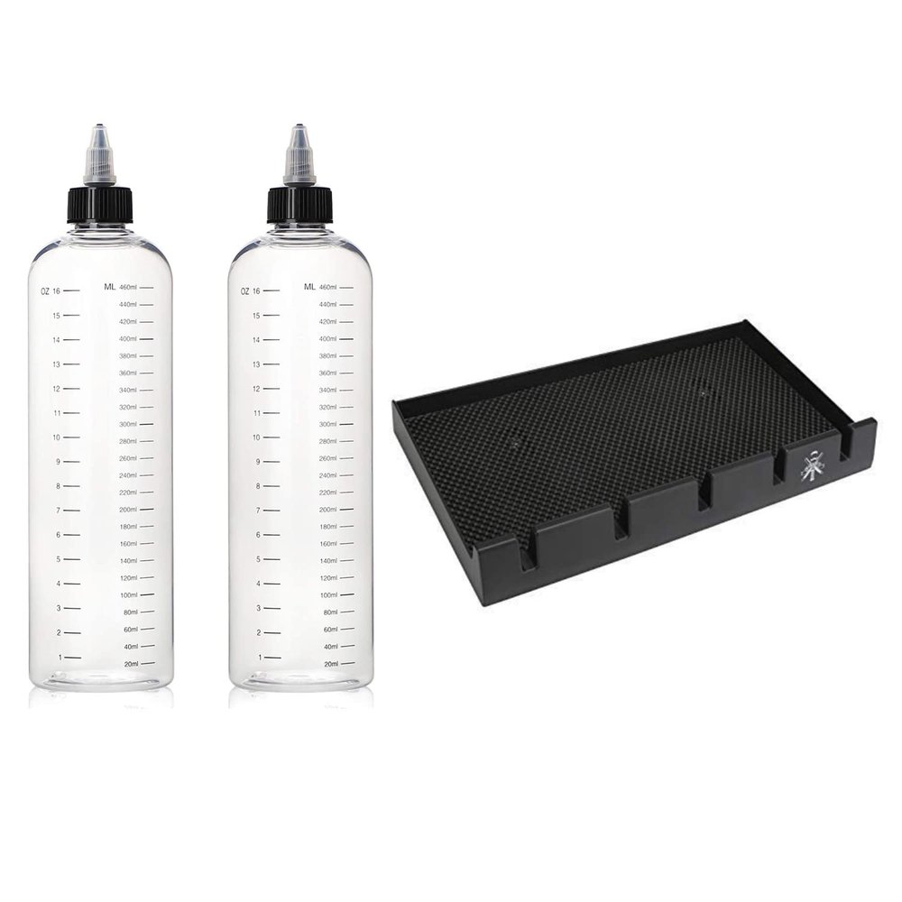 Segbeauty Hair Dye Bottle & Barber Clipper Tray, 2pcs 16.9oz Twist-On Top Tip Cap Squeeze Bottle with Ratio Graduated Scale, 5 Notches Professional Barber Clipper Holder Clipper Rack Non-slip Black