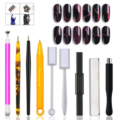 JERCLITY 9 Pieces Cat Eye Magnet for Nails Double-head Flower Design Nail Magnet Pens Magnet Stick Multi-Function Magnet Board 3D Magnetic for Cat Eye Gel Polish DIY Nail Art