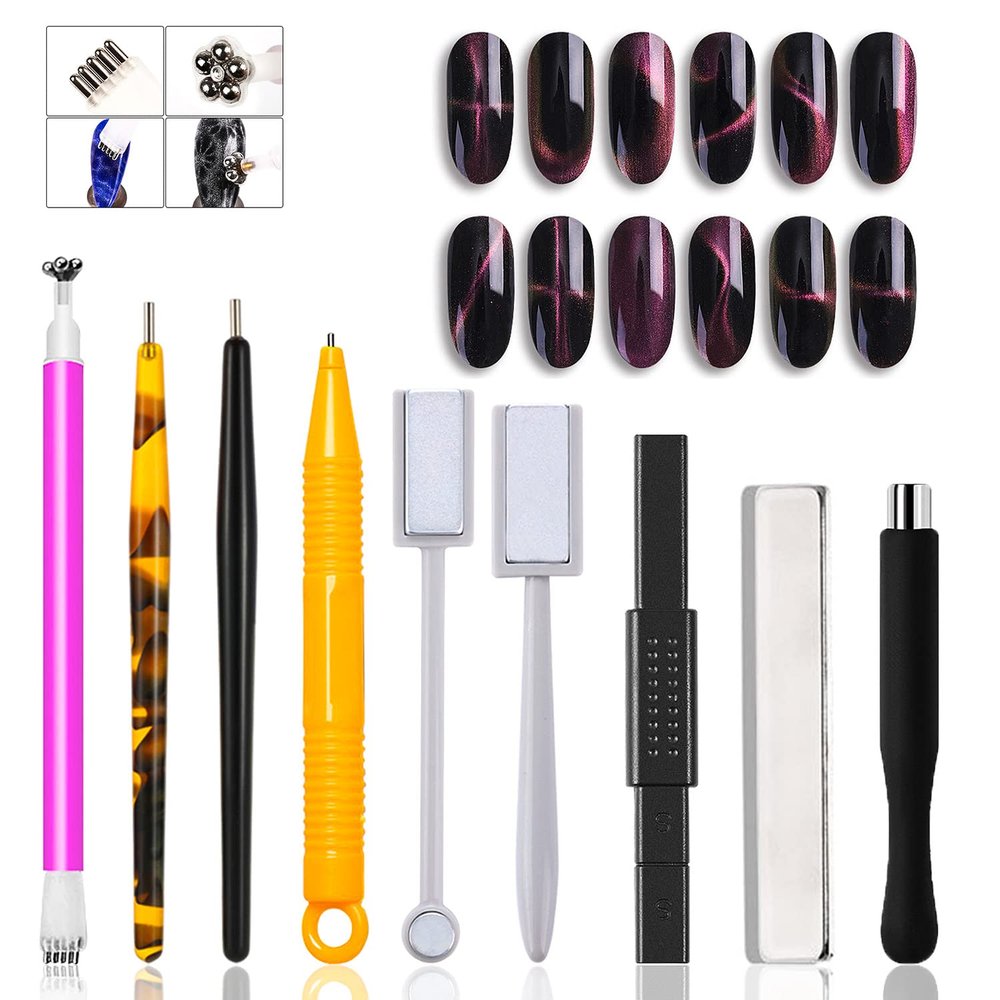 JERCLITY 9 Pieces Cat Eye Magnet for Nails Double-head Flower Design Nail Magnet Pens Magnet Stick Multi-Function Magnet Board 3D Magnetic for Cat Eye Gel Polish DIY Nail Art