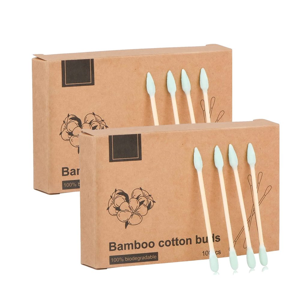 200pcs Natural Bamboo Cotton Swabs, Eco-Friendly & Biodegradable  Comfortable and Soft,Plastic Free Double Ear Sticks for Ears Cleaning and Makeup,Dirt Removal,Crafts,Painting (Green)