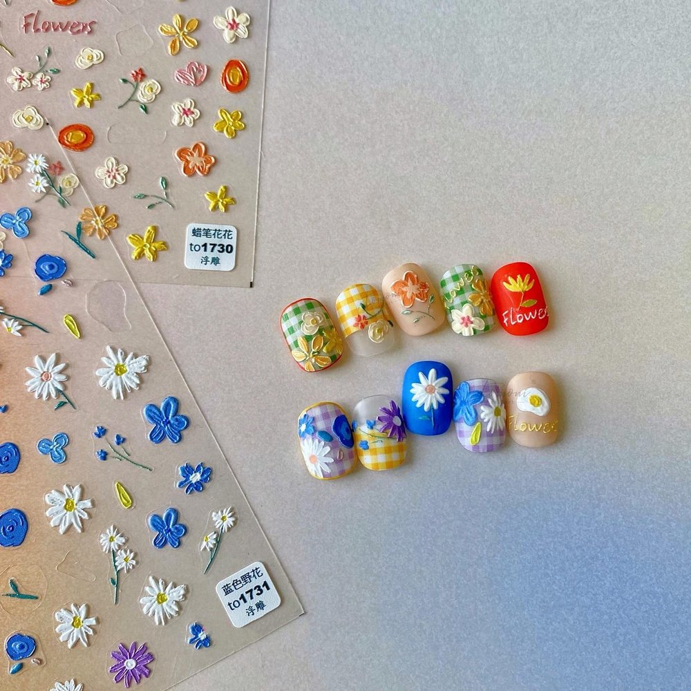 Dedyel Small Daisy Little Wild Flower Nail Stickers 5D Embossed Wildflower Nail Stickers Spring Summer Red Yellow Blue White Flower Design Nail Art Decoration for Women Girls Kids
