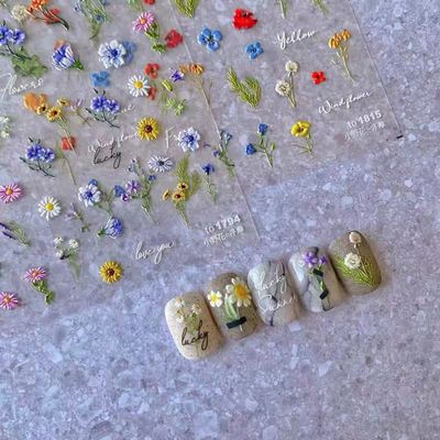Dedyel Small Daisy Little Wildflowers Nail Stickers 5D Embossed Wildflower Nail Stickers Spring Summer Red Yellow Blue White Flower Design Nail Art Decoration for Women Girls Kids