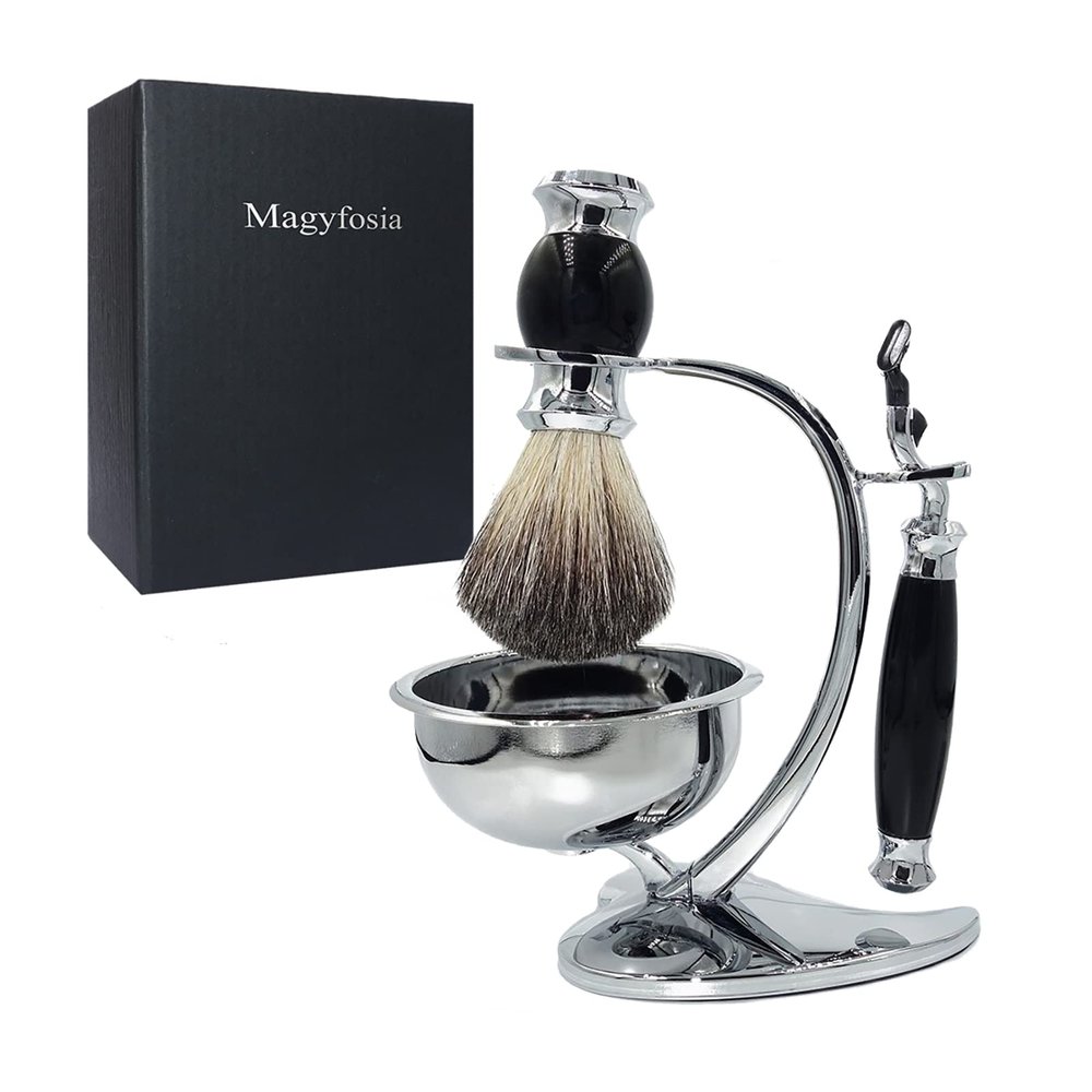Magyfosia Shaving Kit for Men,Grooming Set with Wet Manual 3-Layer Triple Blade Cartridge Safety Razor,Badger Hair Brush,Heart Shape Stand Holder and Shaving Soap Bowl,Birthday Christmas Gift Set