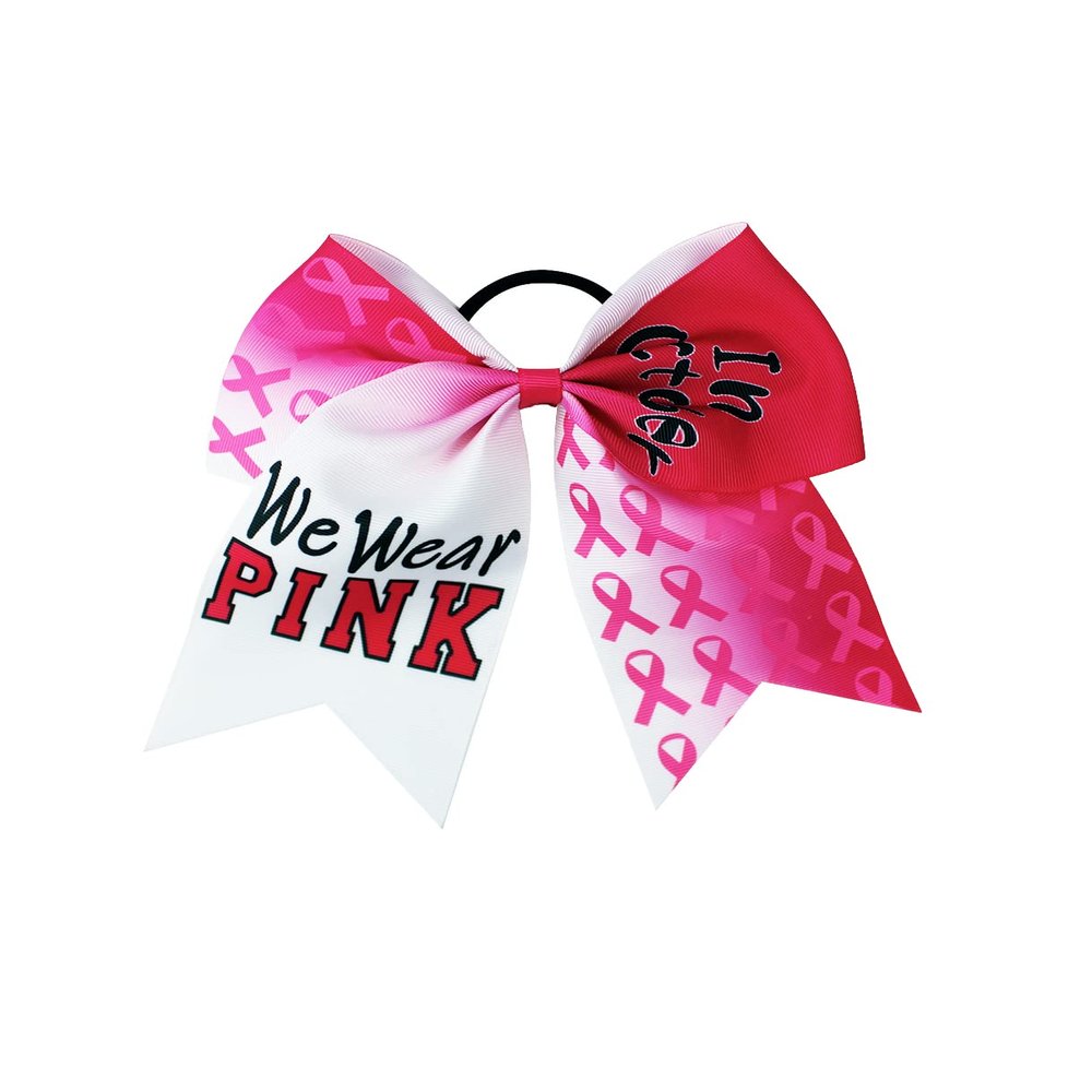 Cheer Hair Bows Breast Cancer Awareness Ribbon Bow Ponytail Holder Pink Out Bow BCA01 (Pink-A2)