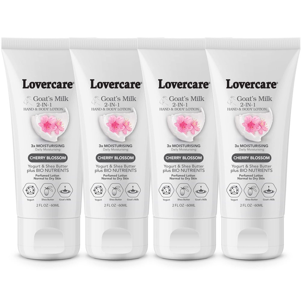 4-PACK Lovercare Goat Milk 2-IN-1 Hand & Body Lotion for Dry Skin 2 oz (60 ml) Cherry Blossom-Pack of 4