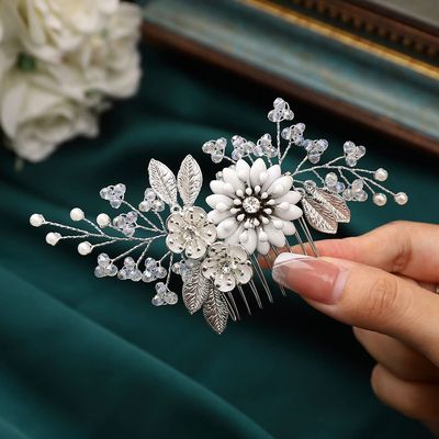 Easedaily Flower Bride Wedding Hair Comb Silver Rhinestone Leaf Bridal Hair Piece Hair Accessories for Women and Girls
