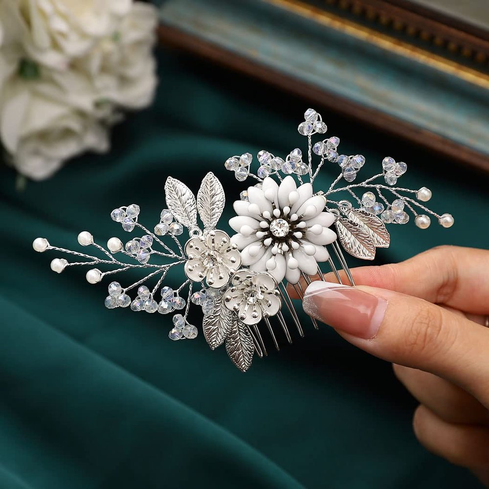 Easedaily Flower Bride Wedding Hair Comb Silver Rhinestone Leaf Bridal Hair Piece Hair Accessories for Women and Girls