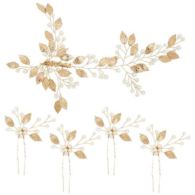 inSowni 5 Pack Gold Pearls Leaf Hair Pins Wedding Bridal Alligator Leaves Hair Clips Barrettes Decorative Bobby Pins Bride Bridesmaids Prom Formal Headpieces Bun Updo Hair Accessories for Women Girls