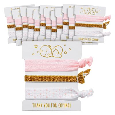 BLUE PANDA 24-Pack Hair Ties & Ponytail Holders - Gold, Pink & White, 3 Designs, 2 Sizes - Ouchless Stretchy Elastic Hair Ties - No-Damage Design & Baby Shower Favor