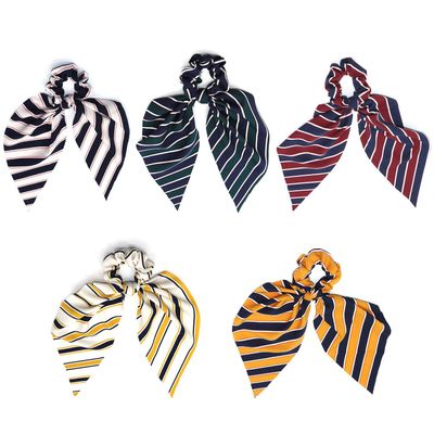5 Pcs Chiffon Bowknot Hair Scrunchies Stripe Patterns Scarf Hair Ties 2 in 1 Ponytail Holder with Bows Hair Scrunchy Ropes