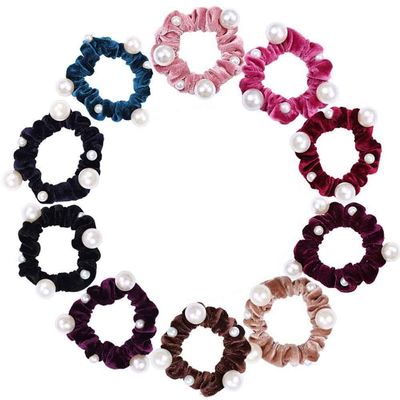 10 Pcs Velvet Elastic Hair Scrunchies Pearl Hair Bands Scrunchy Hair Ties Ropes Ponytail Holder with Pearl Hair Scrunchy